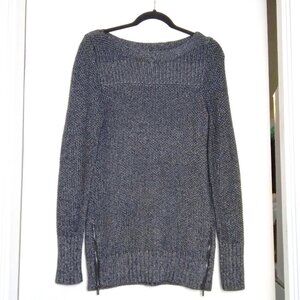 Black & Silver Metallic Knit Long Boat Neck Pullover Sweater Zip Detail Sz S/P